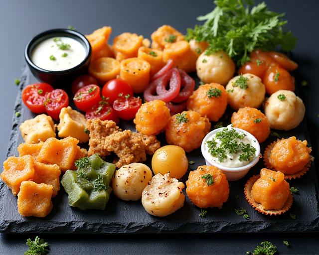 Vielfältige Auswahl an Fingerfood auf einer Schieferplatte