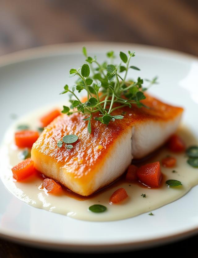 Kunstvoll angerichteter Hauptgang mit Fisch