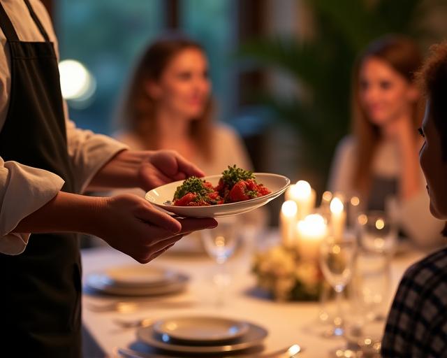 Ein Privatkoch serviert ein exklusives Dinner für eine kleine Gruppe